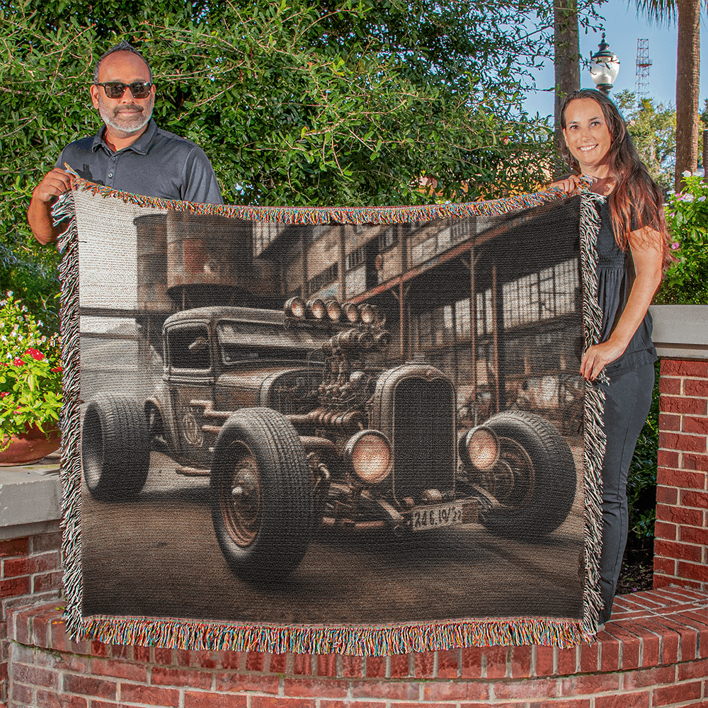 Steampunk Rat Rod Woven Heirloom Blanket – 50x60 Cotton Throw - Bubble Gum Wink