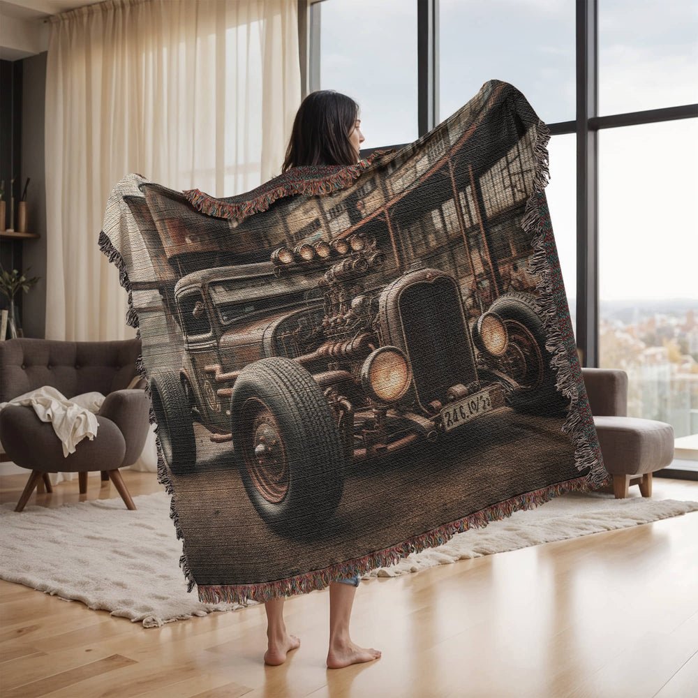 Steampunk Rat Rod Woven Heirloom Blanket – 50x60 Cotton Throw - Bubble Gum Wink