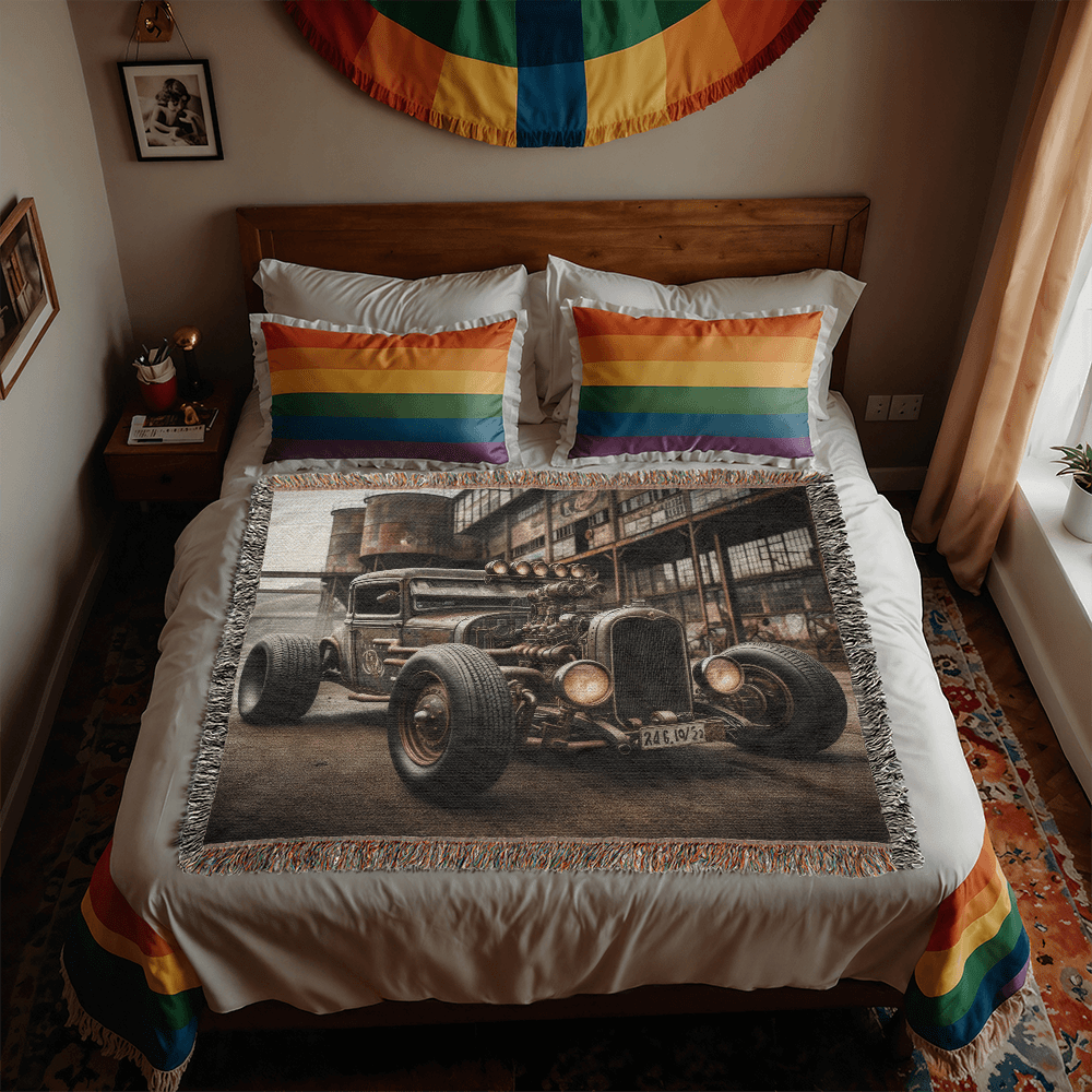 Steampunk Rat Rod Woven Heirloom Blanket – 50x60 Cotton Throw - Bubble Gum Wink