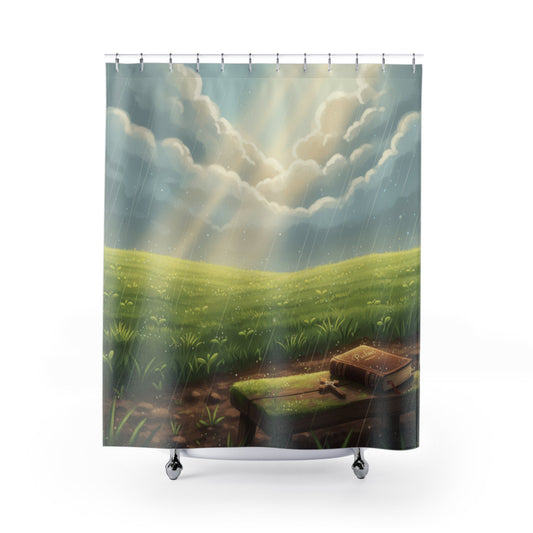 Sunlit Meadow Rain Shower Curtain | Clouds, Rays, Serene Landscape - Bubble Gum Wink