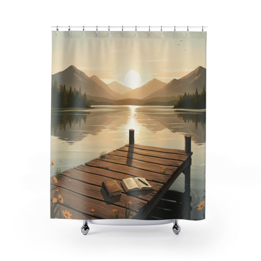 Sunset Lake Dock Scene Shower Curtain | Tranquil Mountain Sunrise - Bubble Gum Wink