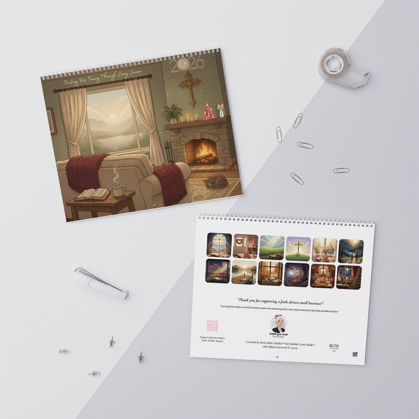 Trusting His Timing in All Seasons – Christian 2026 Wall Calendar | Faith - Inspired Home Décor Gift - Bubble Gum Wink