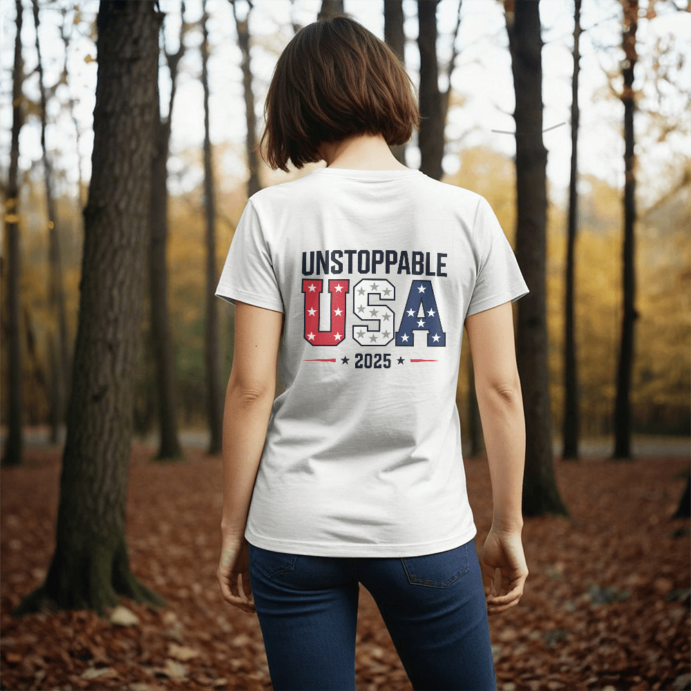 Unstoppable USA 2025 T-Shirt | Stars & Stripes Bold Print - Bubble Gum Wink
