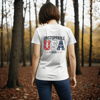 Unstoppable USA 2025 T-Shirt | Stars & Stripes Bold Print - Bubble Gum Wink