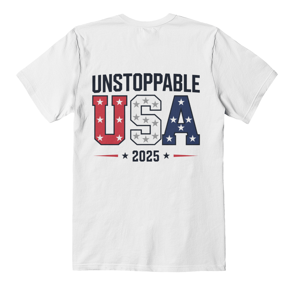Unstoppable USA 2025 T-Shirt | Stars & Stripes Bold Print - Bubble Gum Wink