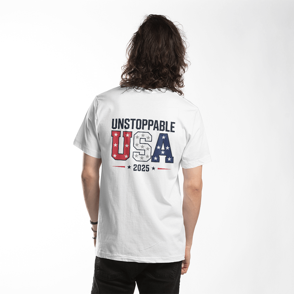Unstoppable USA 2025 T-Shirt | Stars & Stripes Bold Print - Bubble Gum Wink