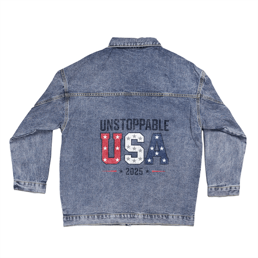 Unstoppable USA 2025 Women’s Oversized Denim Jacket (Alt Design) - Bubble Gum Wink