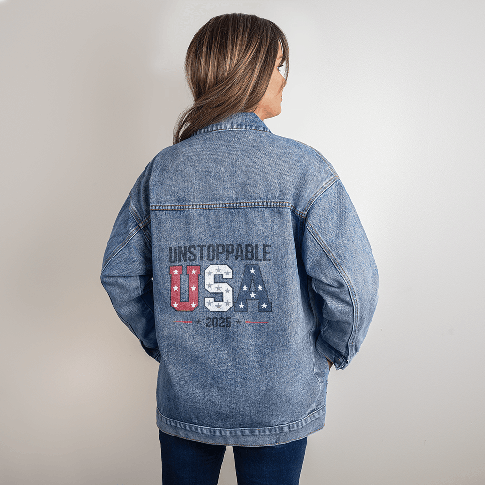 Unstoppable USA 2025 Women’s Oversized Denim Jacket (Alt Design) - Bubble Gum Wink