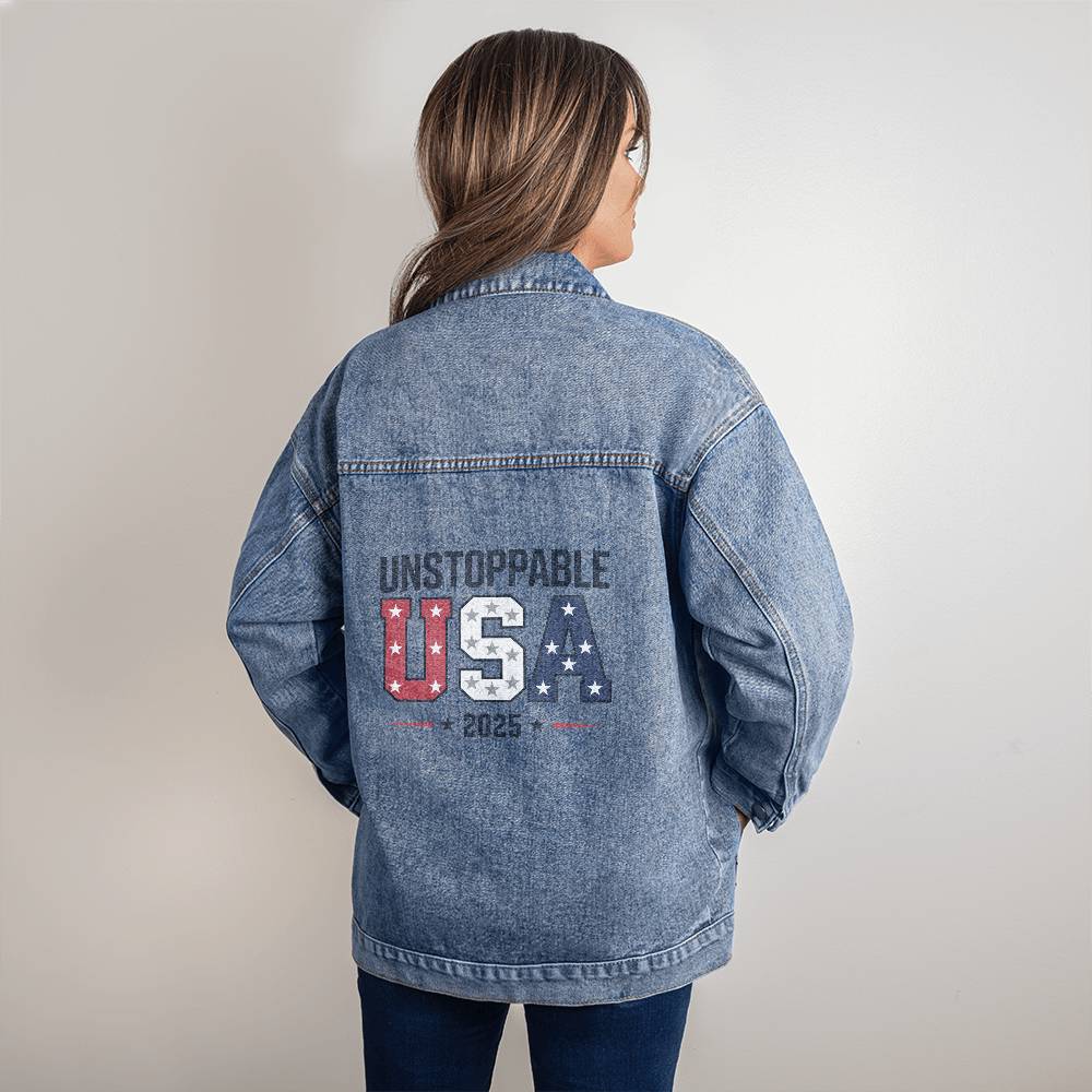 Unstoppable USA 2025 Women’s Oversized Denim Jacket (Alt Design) - Bubble Gum Wink