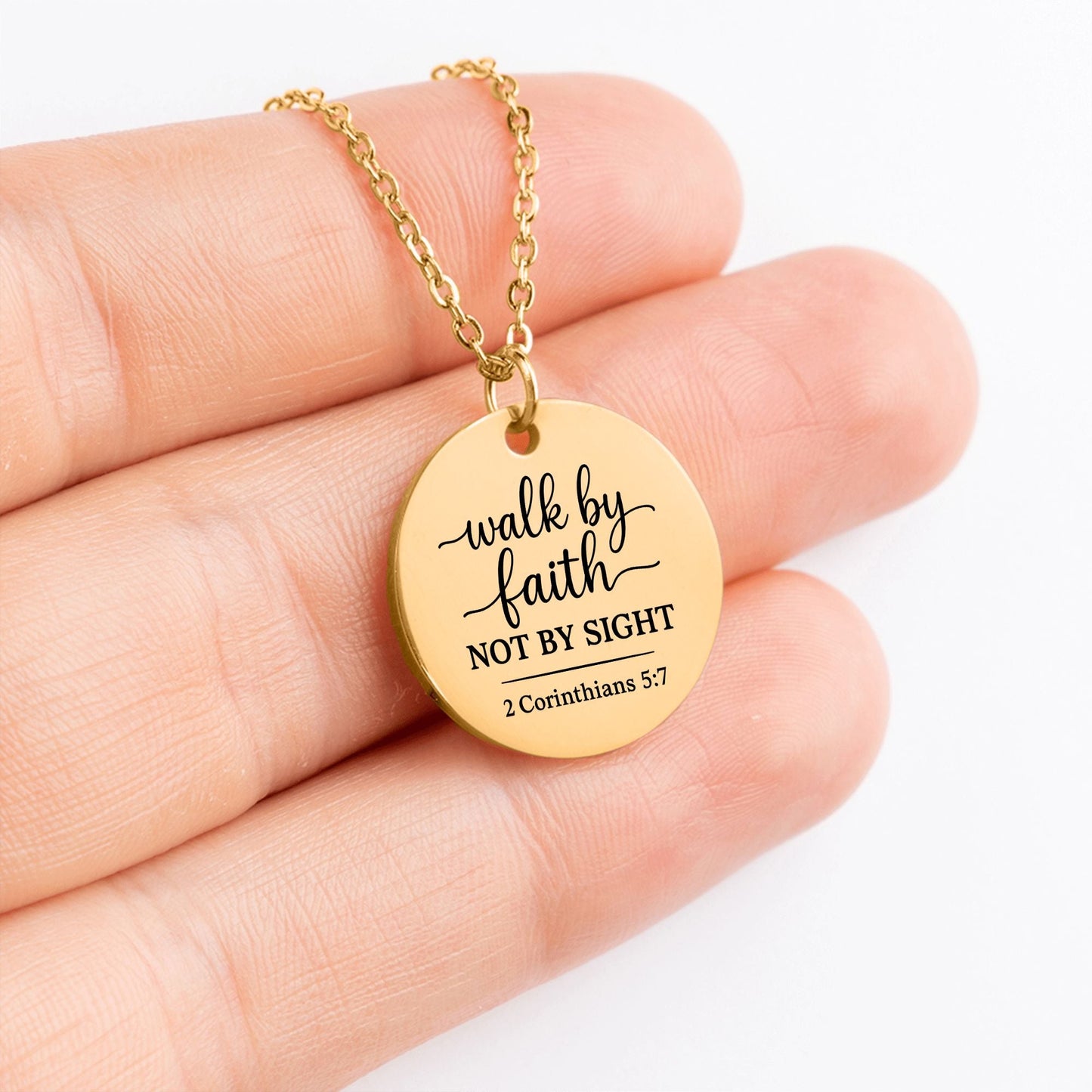 Walk by Faith Coin Necklace – 2 Corinthians 5:7 Christian Pendant - Bubble Gum Wink