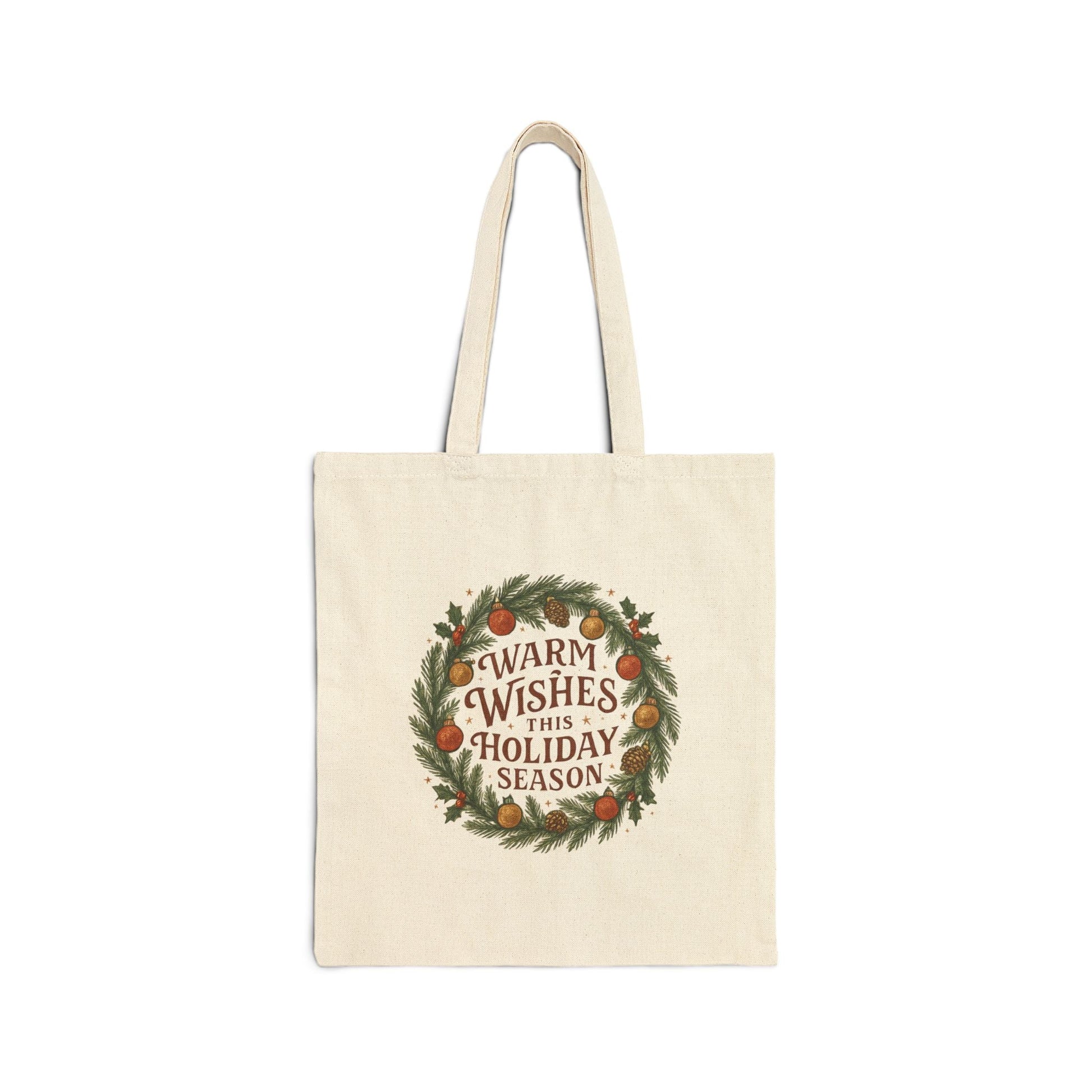 Warm Wishes Holiday Season Cotton Canvas Tote Bag | Festive Wreath Design - Bubble Gum Wink