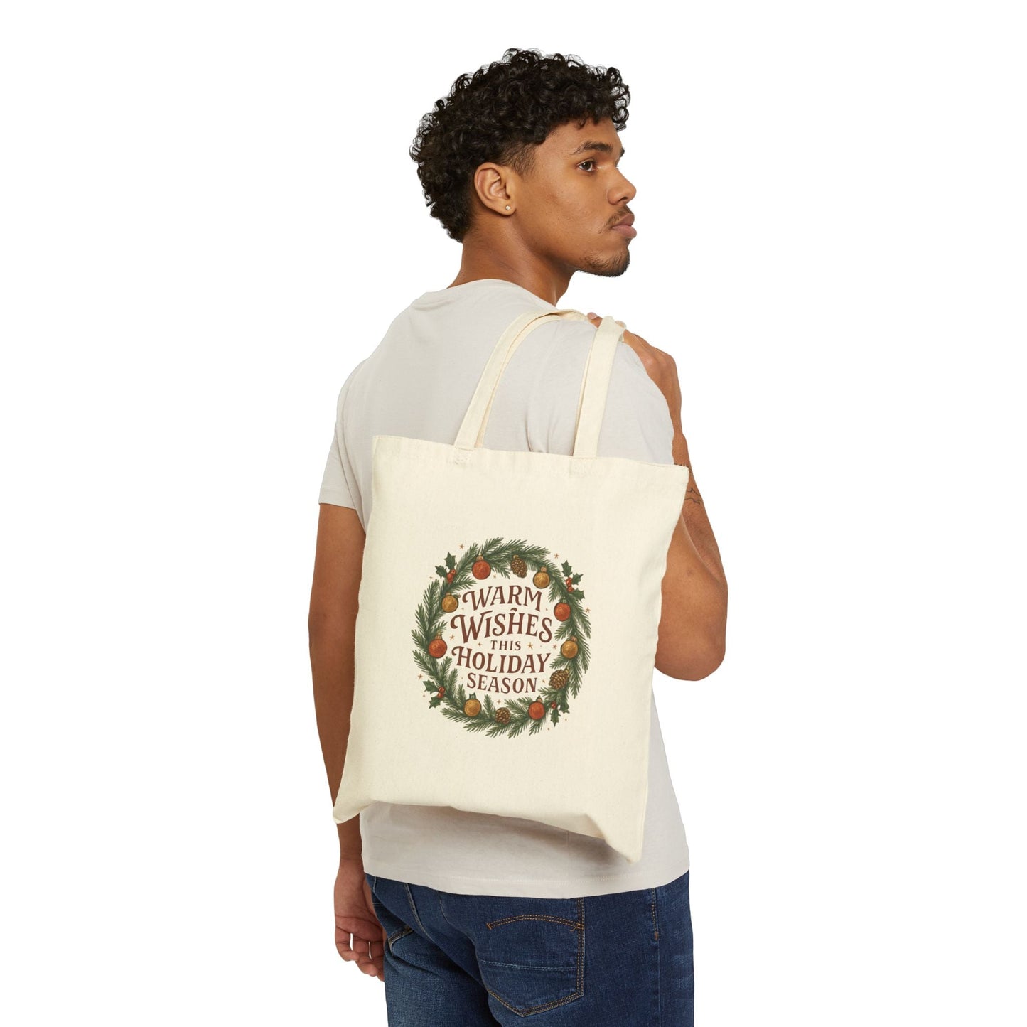 Warm Wishes Holiday Season Cotton Canvas Tote Bag | Festive Wreath Design - Bubble Gum Wink