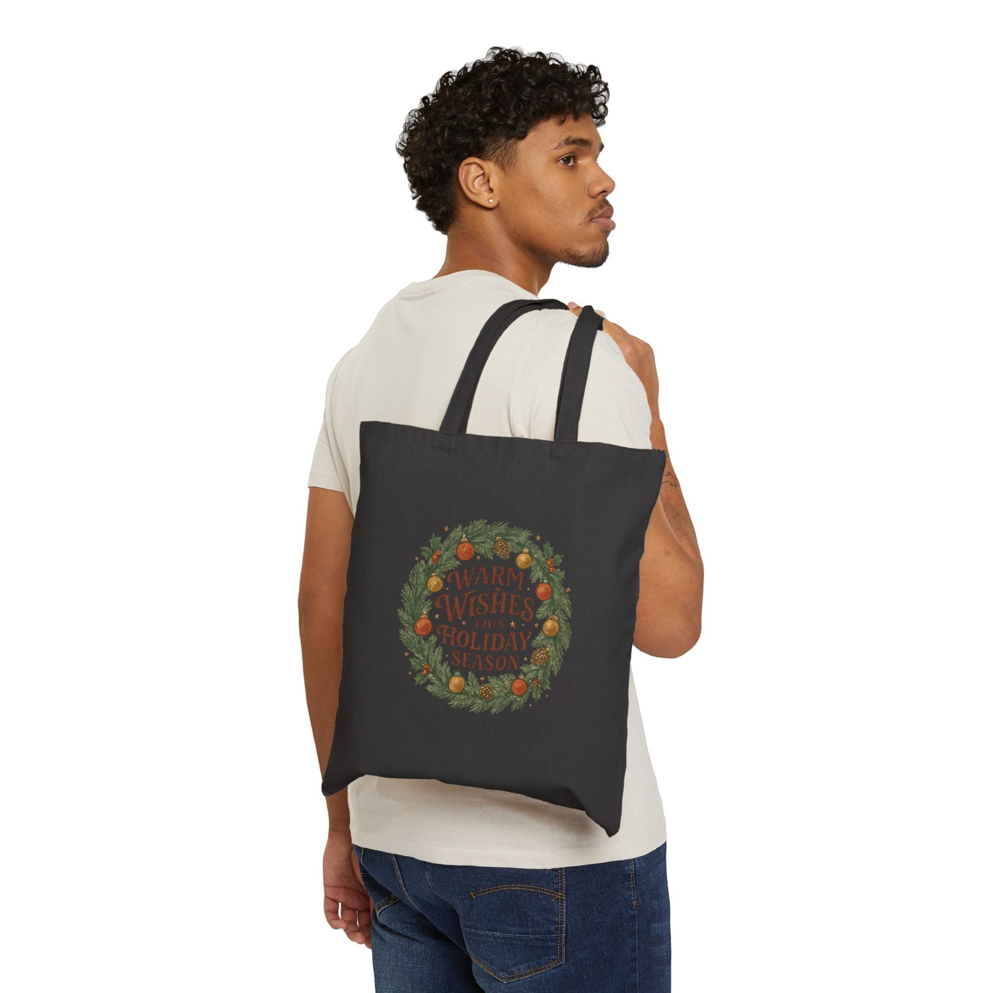 Warm Wishes Holiday Season Cotton Canvas Tote Bag | Festive Wreath Design - Bubble Gum Wink