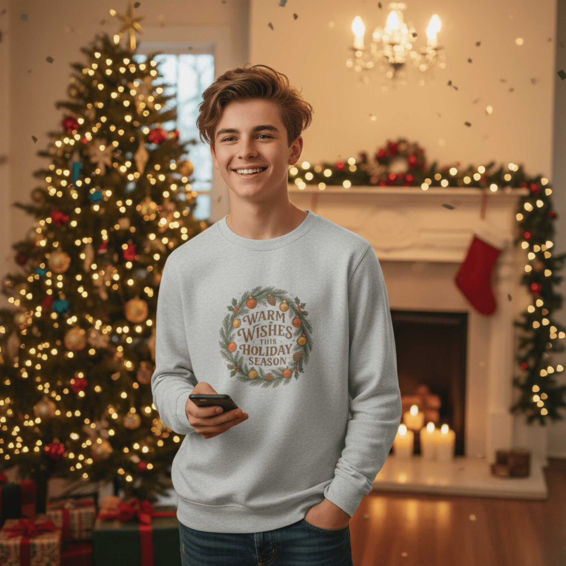 Warm Wishes Holiday Season Crewneck Sweatshirt | Cozy Christmas Wreath Edition - Bubble Gum Wink