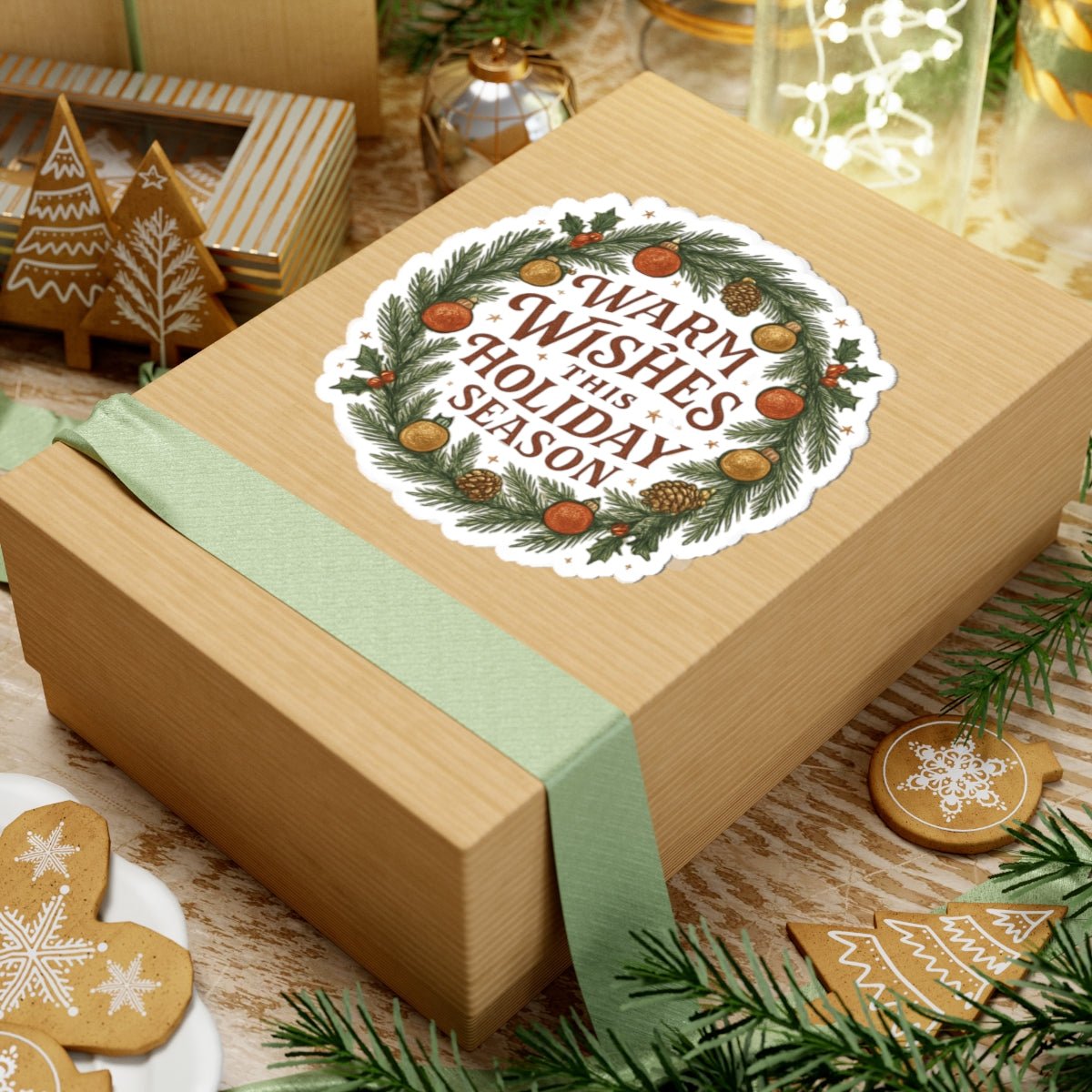 Warm Wishes Holiday Season Kiss - Cut Sticker | Festive Wreath Edition - Bubble Gum Wink