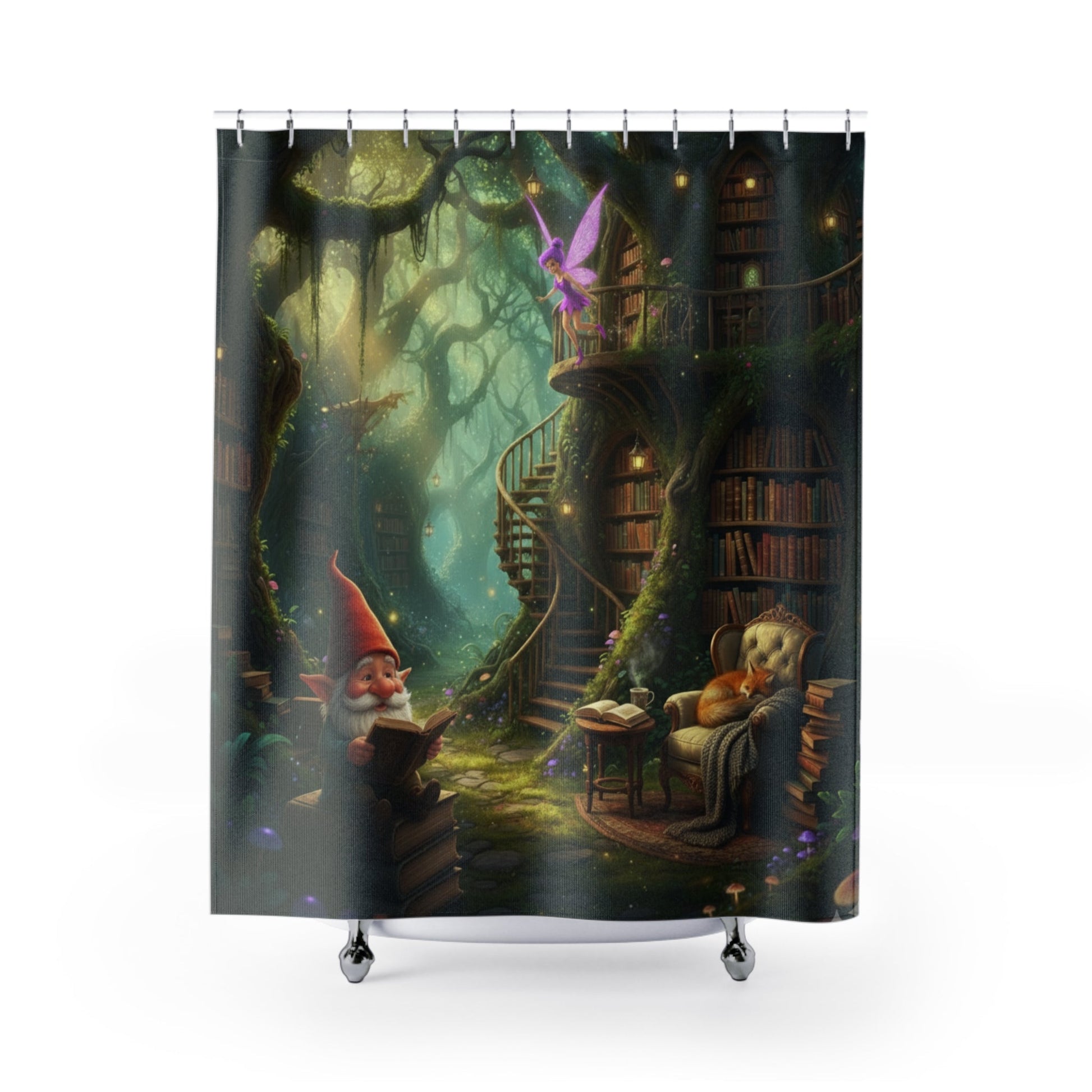 Whimsical Forest Library Shower Curtain Gnome Fairy Book Haven Design - Bubble Gum Wink