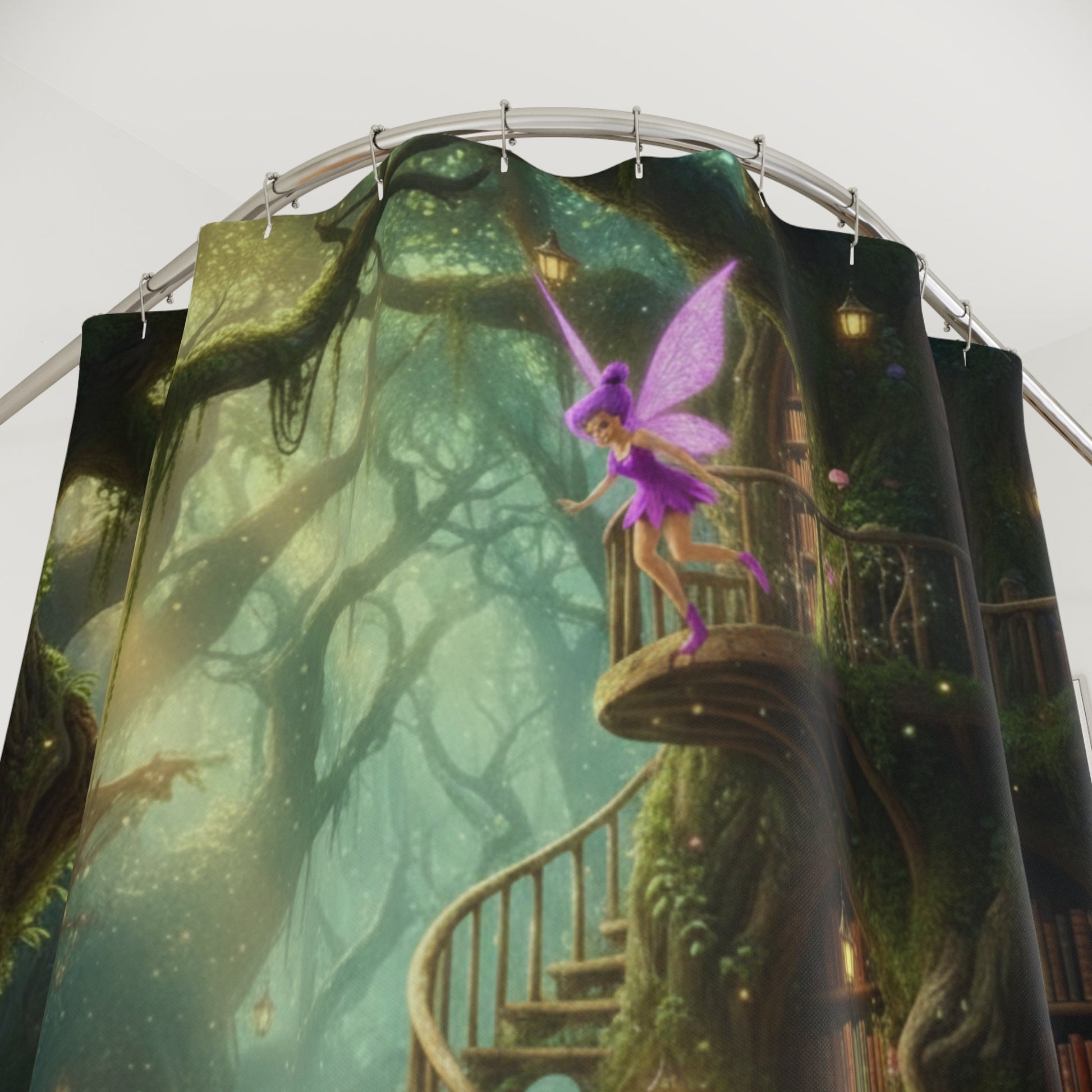 Whimsical Forest Library Shower Curtain Gnome Fairy Book Haven Design - Bubble Gum Wink