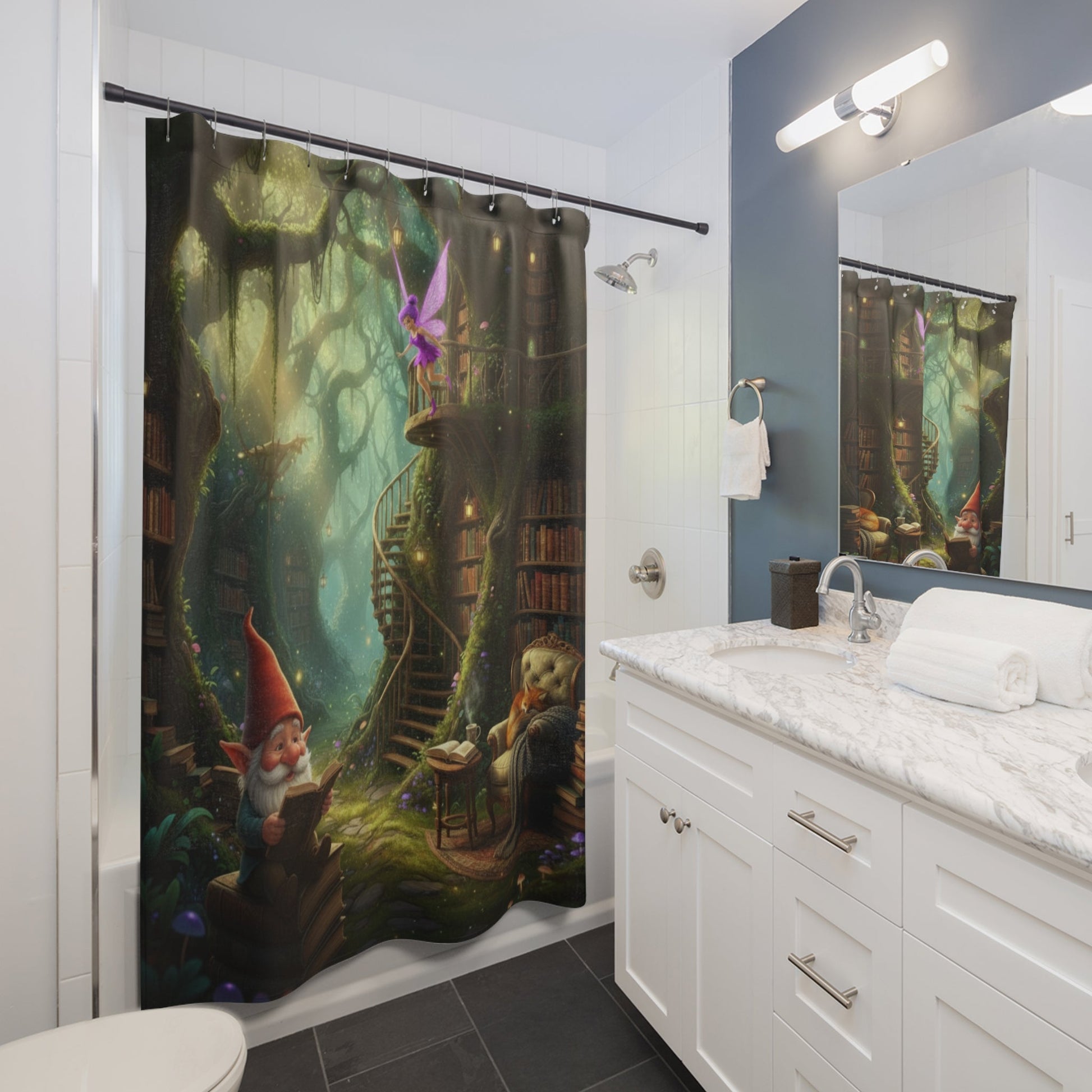 Whimsical Forest Library Shower Curtain Gnome Fairy Book Haven Design - Bubble Gum Wink