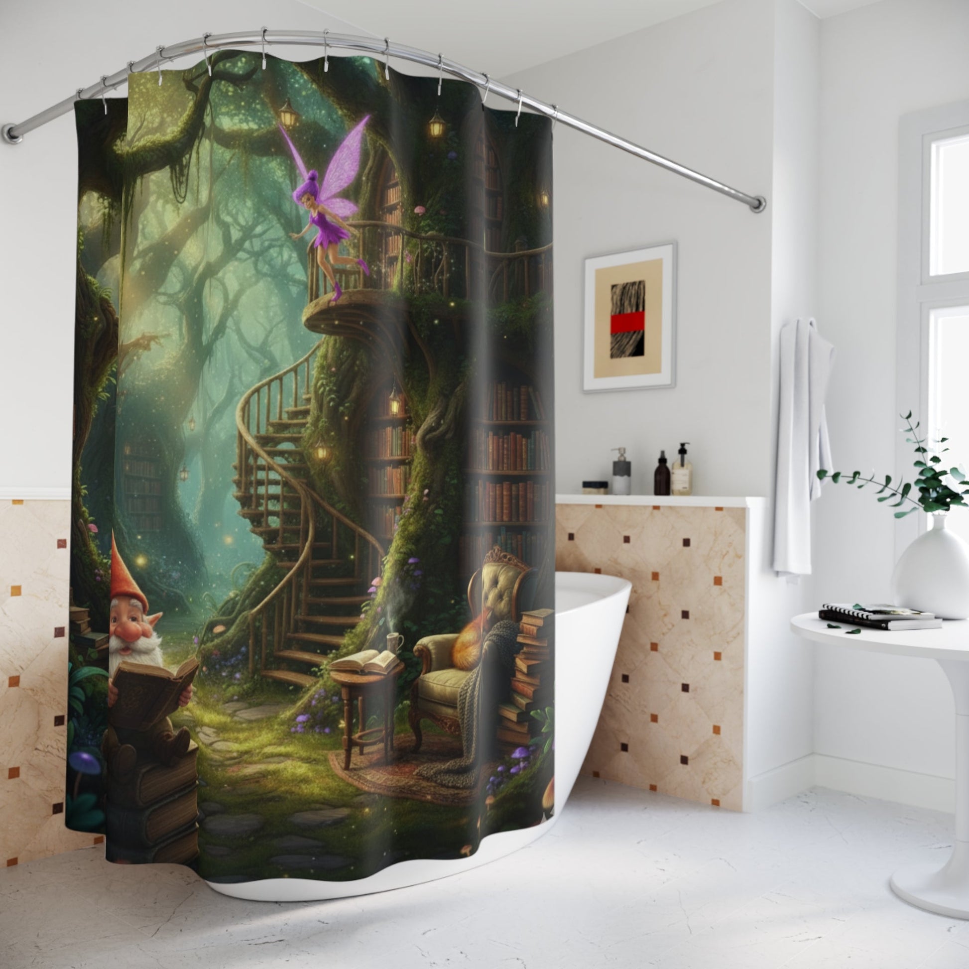 Whimsical Forest Library Shower Curtain Gnome Fairy Book Haven Design - Bubble Gum Wink