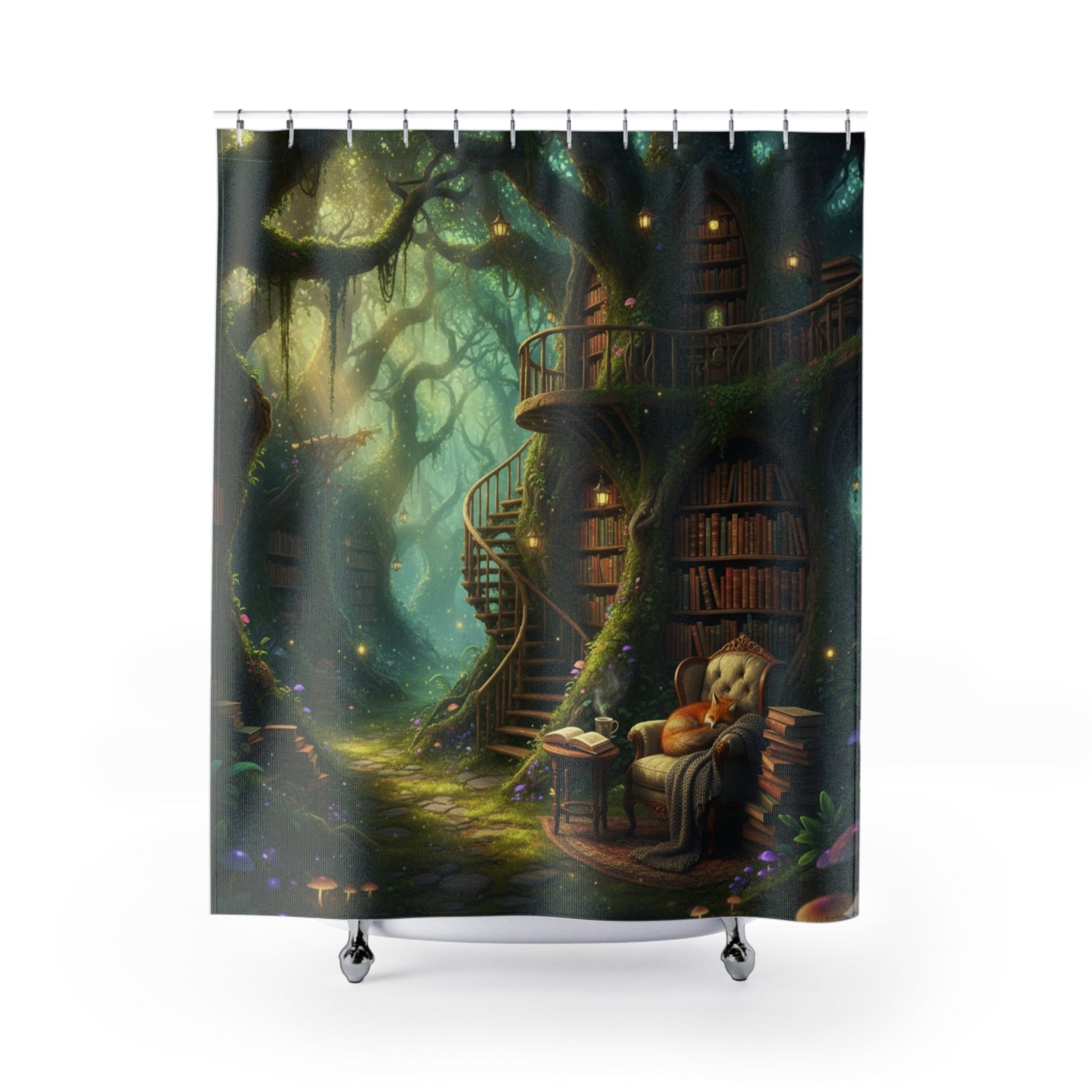 Whimsical Woodland Library Shower Curtain - Bubble Gum Wink