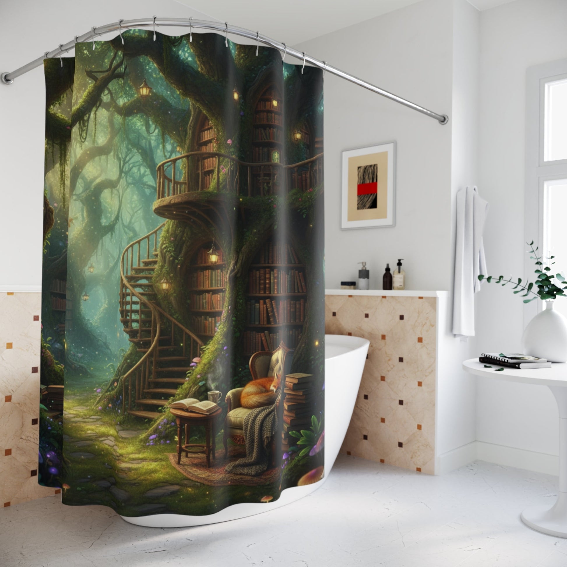 Whimsical Woodland Library Shower Curtain - Bubble Gum Wink