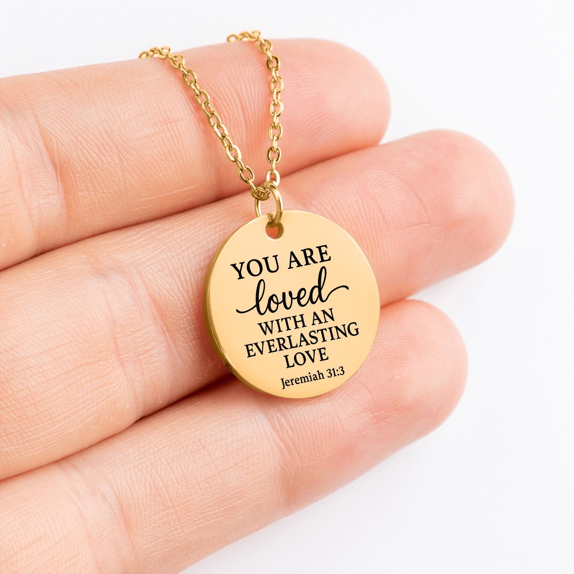 You Are Loved Coin Necklace – Jeremiah 31:3 Christian Pendant - Bubble Gum Wink