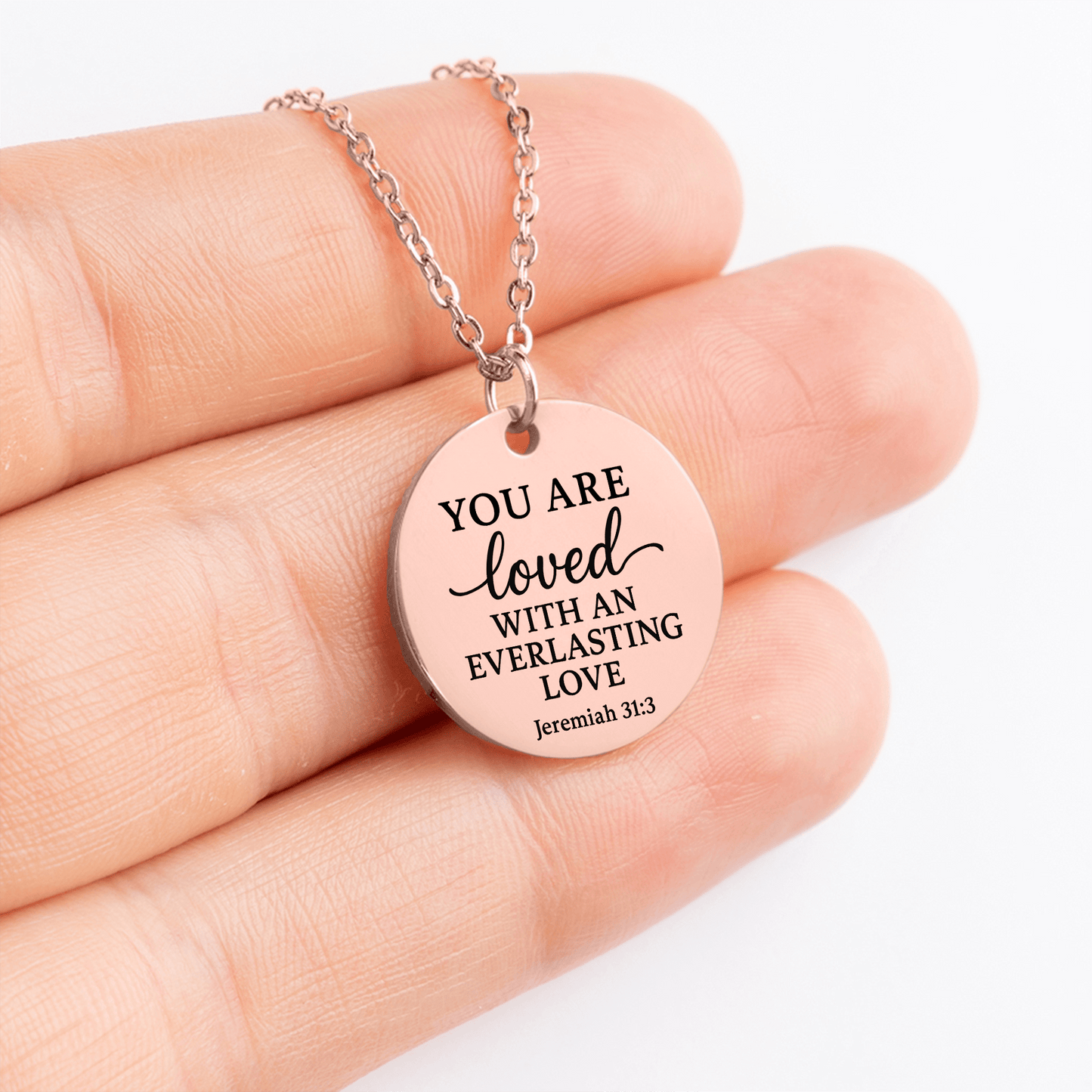 You Are Loved Coin Necklace – Jeremiah 31:3 Christian Pendant - Bubble Gum Wink