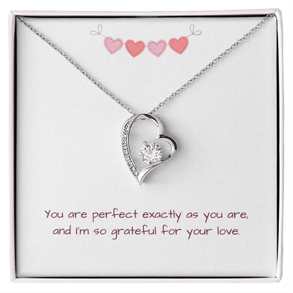 Perfectly You Heart Necklace in silver with crystal accent, displayed in white gift box with love message card