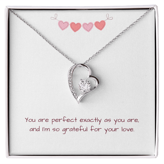 Perfectly You Heart Necklace in silver with crystal accent, displayed in white gift box with love message card