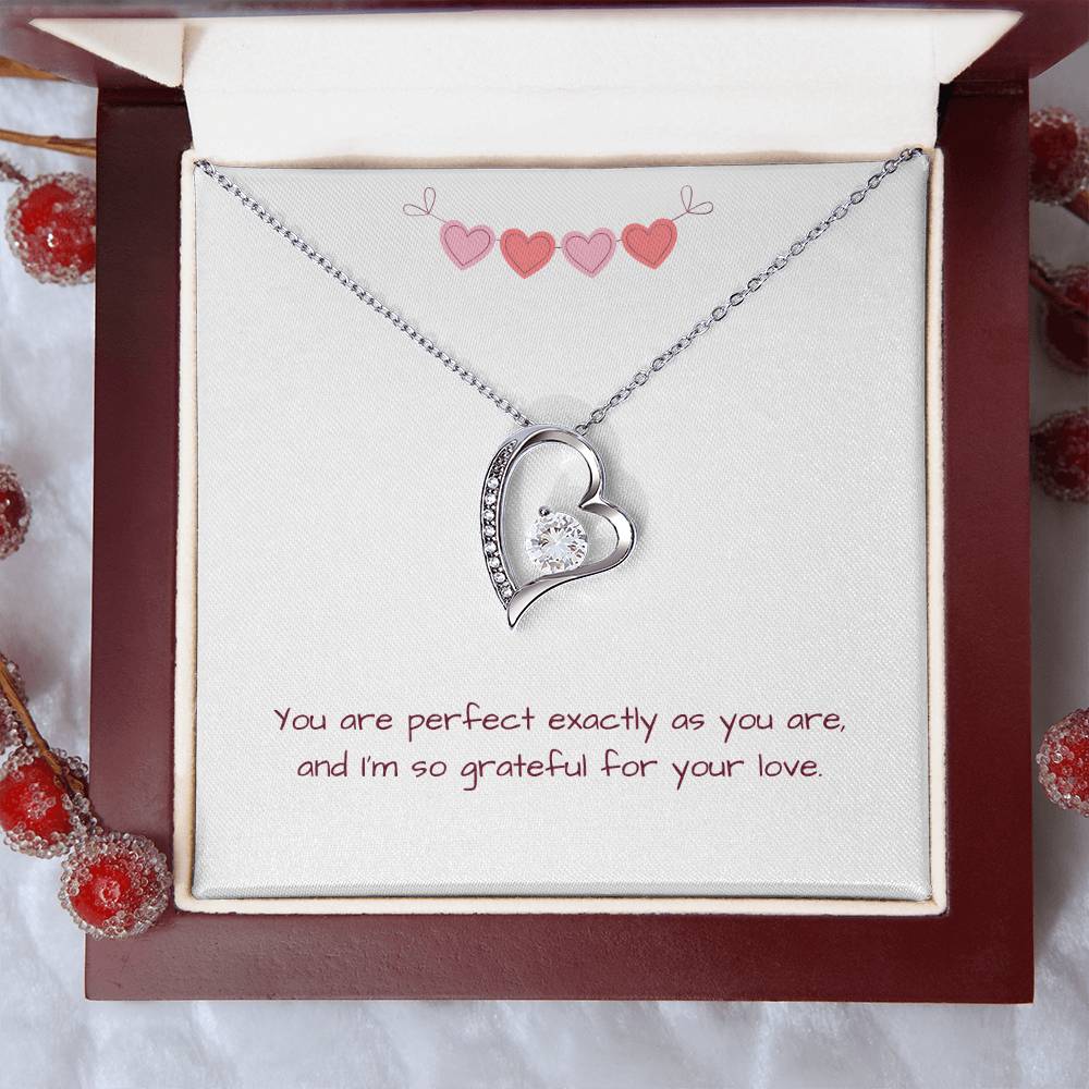 Silver Perfectly You Heart Necklace with message card inside dark red gift box